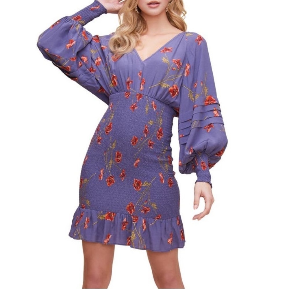 ASTR the Label Purple Floral Smocked Dolman Long Sleeve Minidress Boho Small